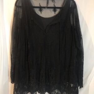 Skye's The Limit Womens Black Embroidered Lace Overlay Tie V Neck Blouse Size 1X